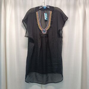 Soaked Black Beaded Neckline Swim Cover Up Tunic Dress S/M NWT Beach‎ Sheer